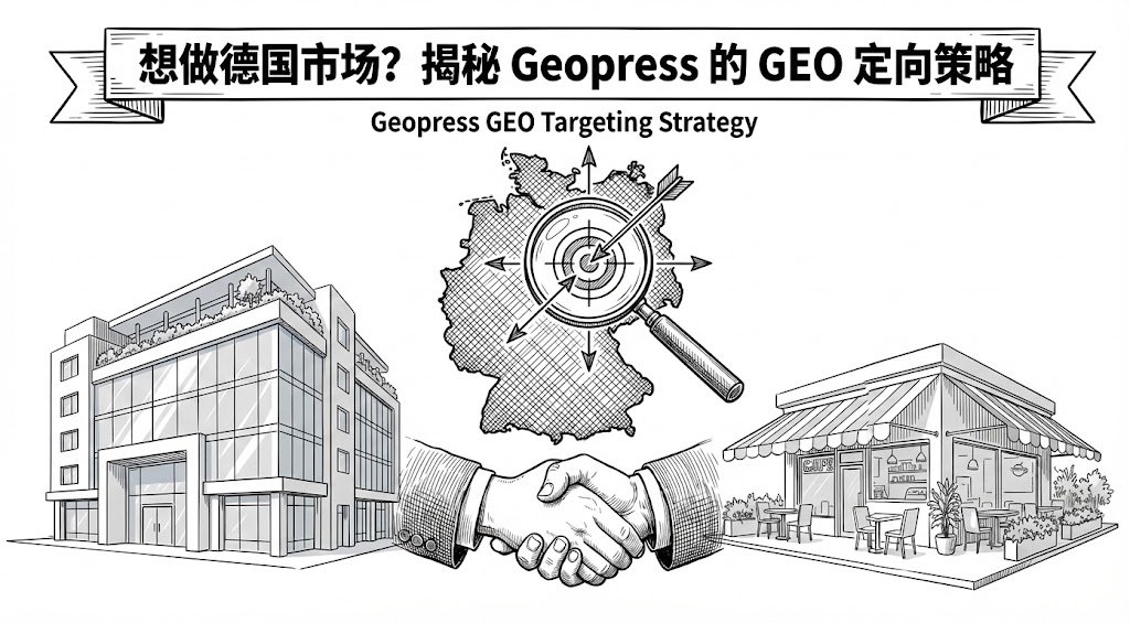 黑白线稿风格的商业插画，包含德国地图和现代建筑，象征 geopress 针对德国市场的本地化 seo 策略