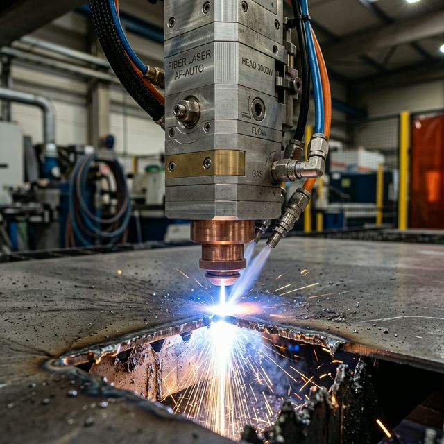 Macro view of an autofocus laser cutting head and shield gas nozzle