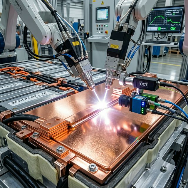 High speed laser welding of highly reflective copper battery components