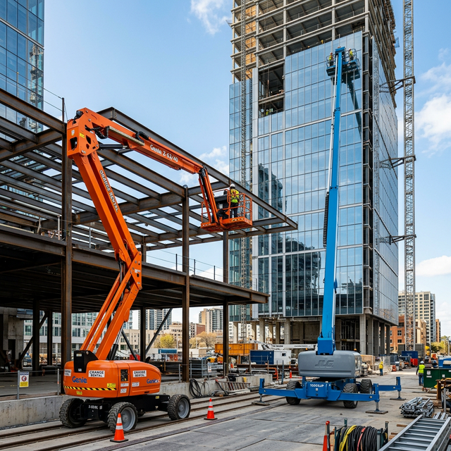 Articulating boom lift versus Telescopic boom lift on a construction site
