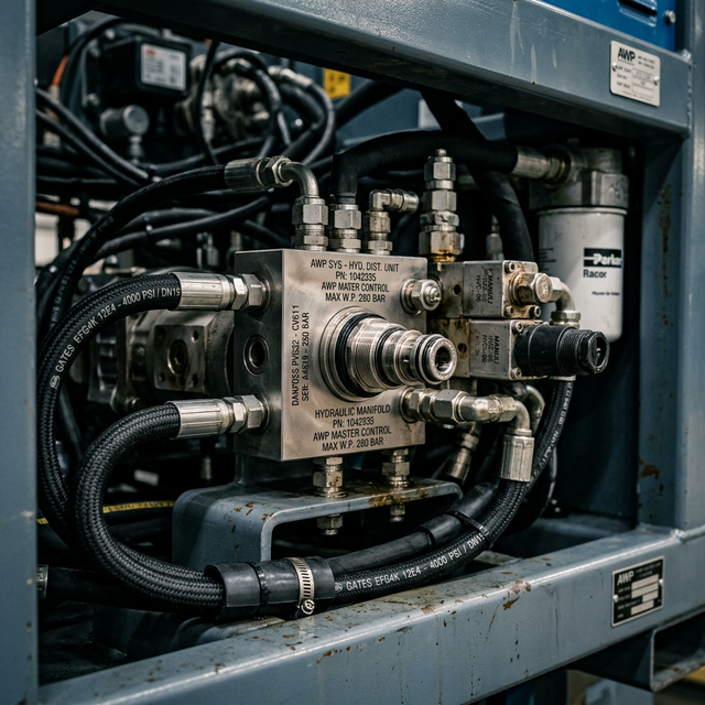 High-tech B2B macro shot of an industrial hydraulic manifold system