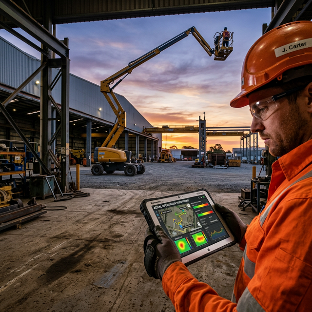 Fleet manager monitoring MEWPs via professional telematics tablet