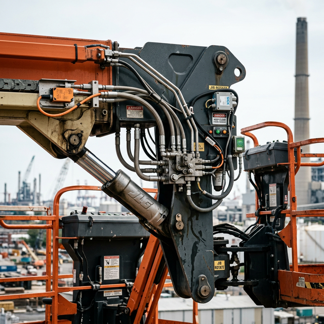 Close up of a boom lift jib and hydraulic systems