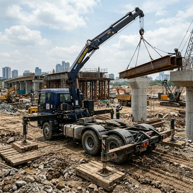 重载卡车底盘与液压支腿在复杂地形作业
