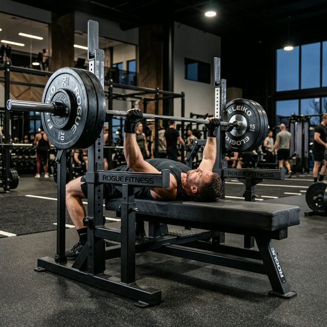 A commercial gym featuring heavy-duty Olympic flat benches