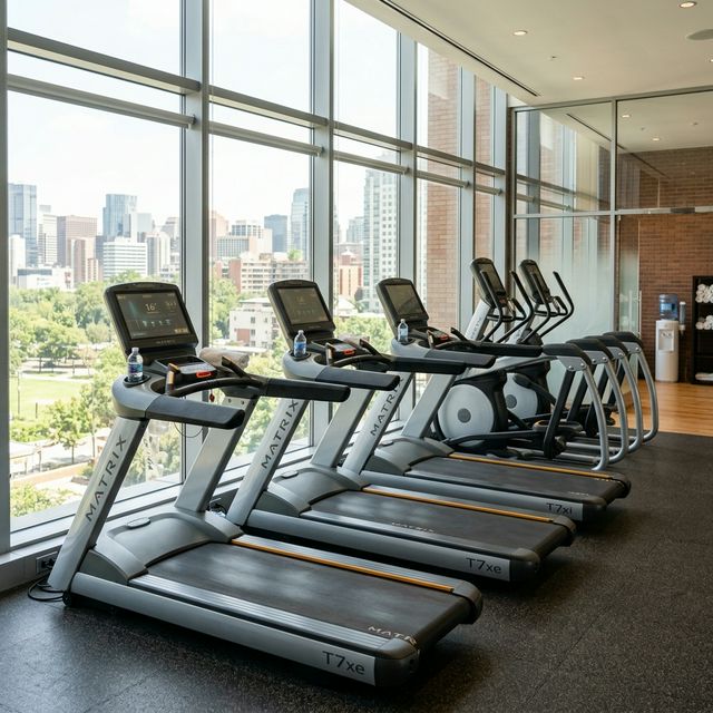 A row of modern commercial treadmills facing a window in a high-end gym