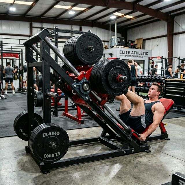A heavy-duty 45-degree linear leg press fully loaded with Olympic plates