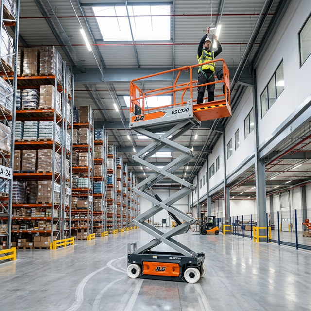 Electric Scissor Lift in Industrial Warehouse Center