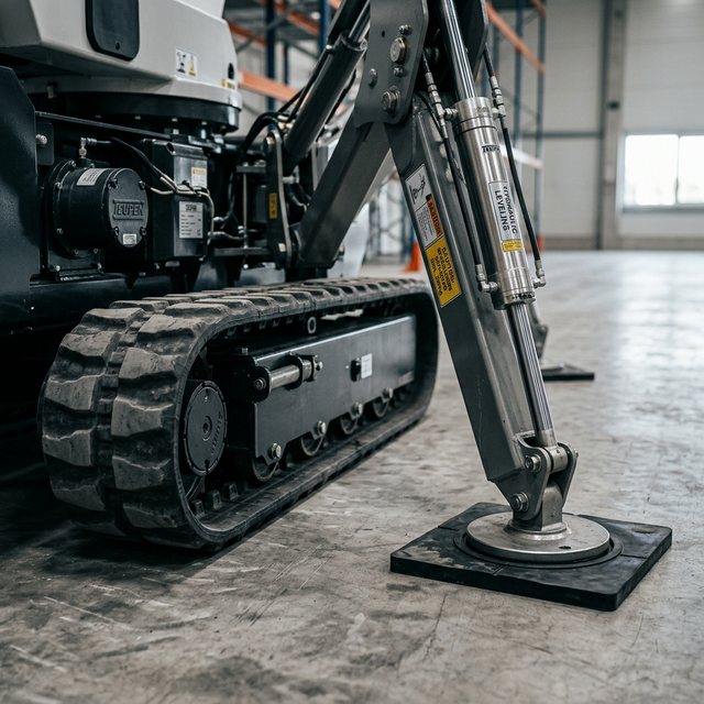 Close-up of non-marking rubber tracks and auto-leveling outriggers of a professional spider lift