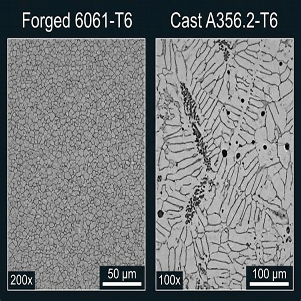 Microscopic grain structure comparison of forged 6061-T6 and cast A356.2 aluminum alloy used in automotive wheels