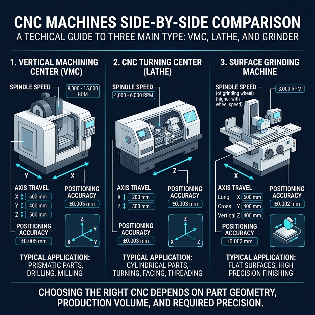 Technical comparison infographic of CNC milling center turning center and grinding machine specifications
