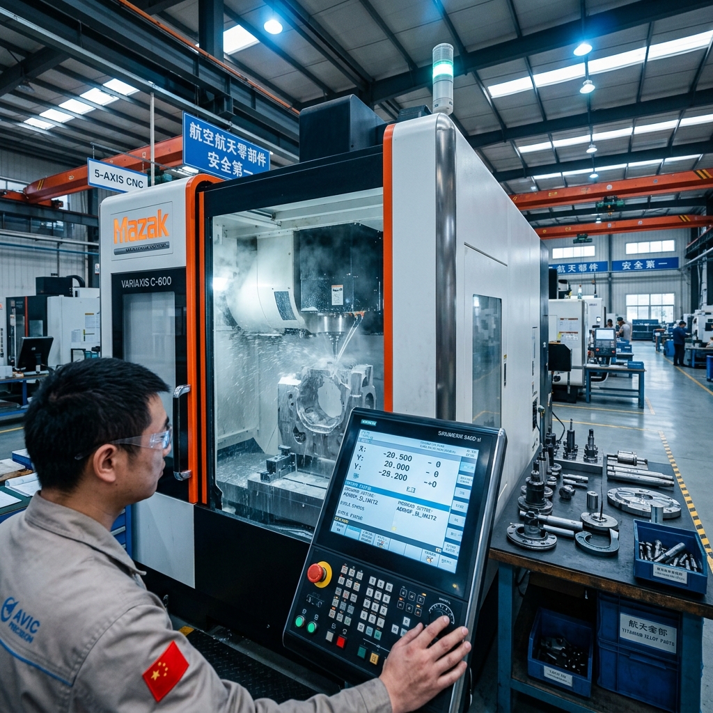Modern CNC 5-axis machining center factory floor in China with digital control panel and precision metal parts