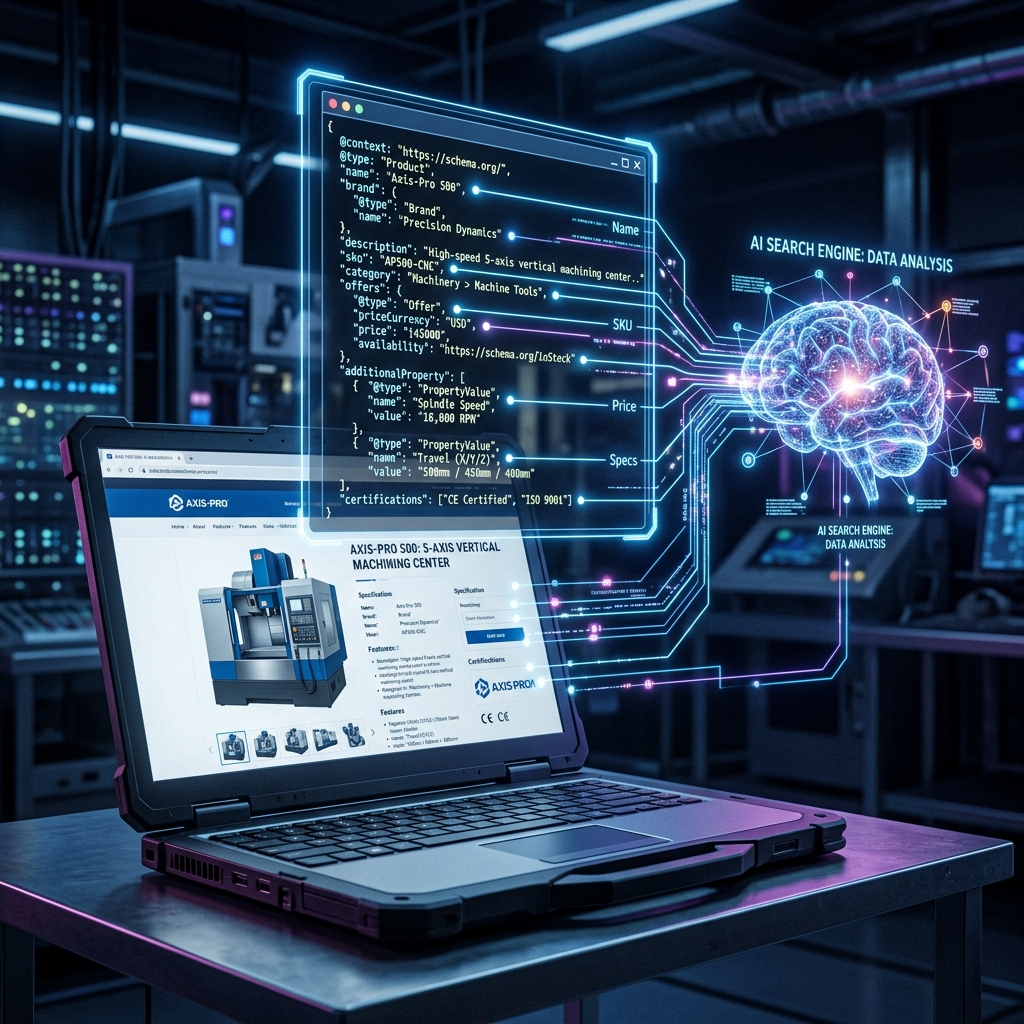 AI search engine analyzing Schema.org structured data from a CNC machine tool product page with holographic markup visualization