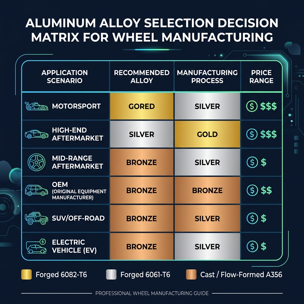 Decision matrix for aluminum alloy selection in wheel manufacturing by application scenario