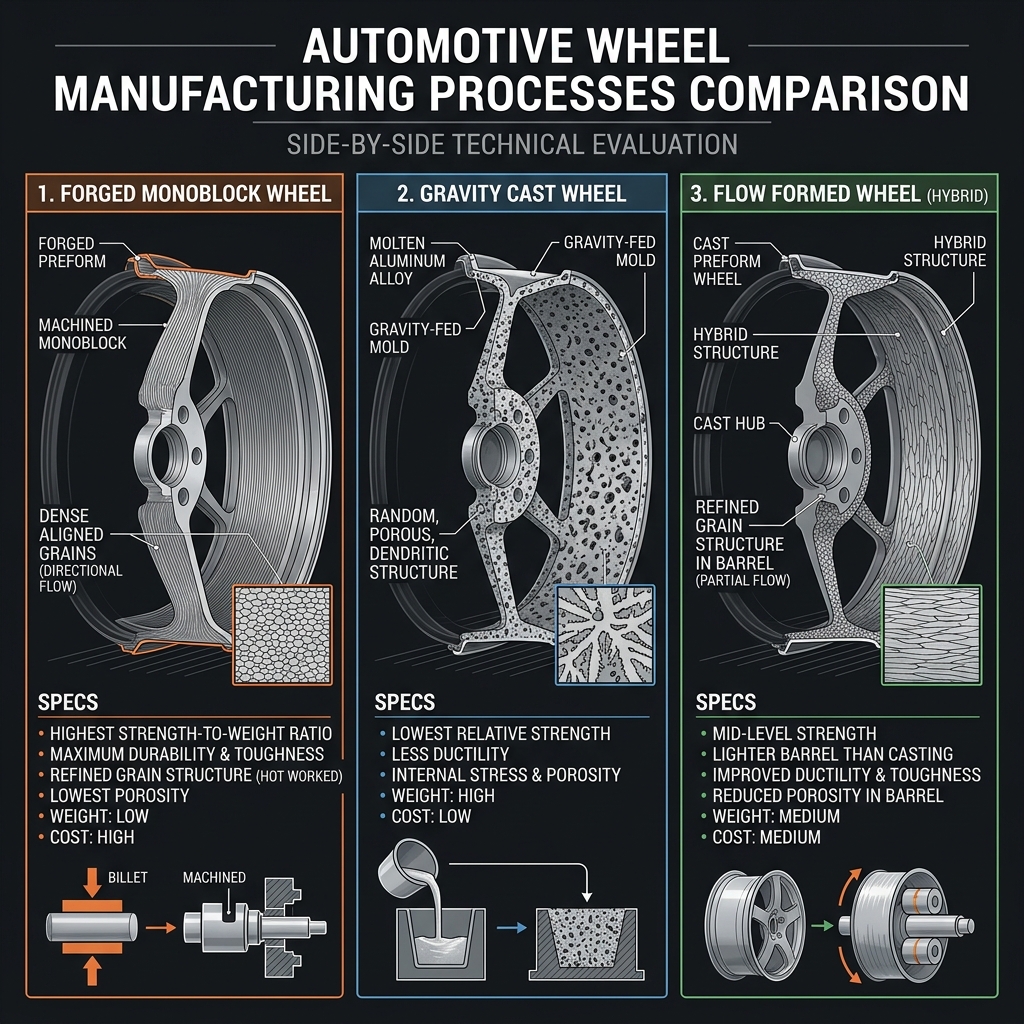 Technical comparison of forged cast and flow formed aluminum alloy wheels showing cross-section grain structure