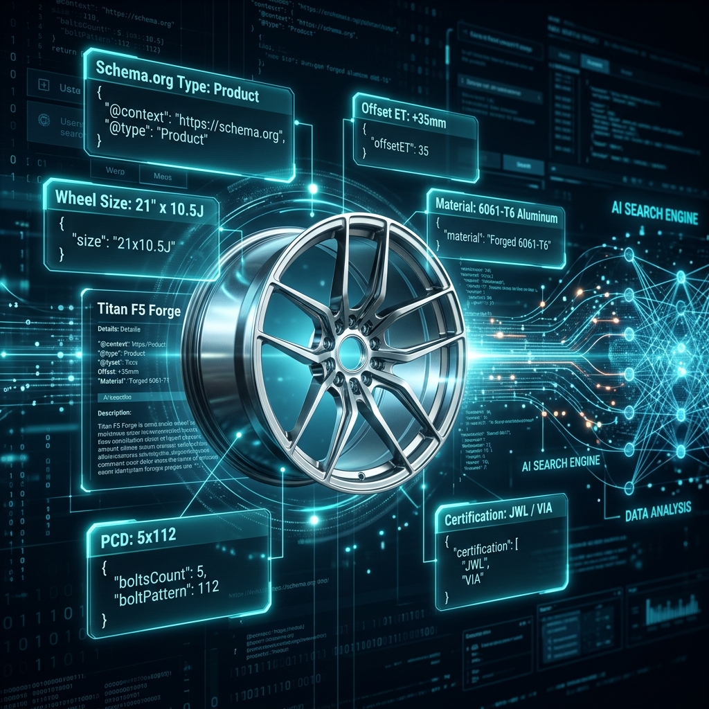 AI search engine analyzing Schema.org structured data from a forged wheel product page with holographic markup